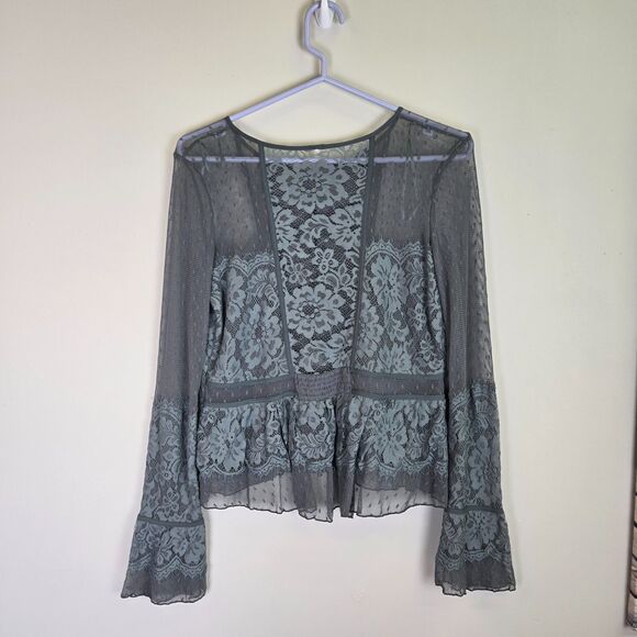FREE PEOPLE Grey Lace Mesh Peplum Top Women's Small - Picture 4 of 9